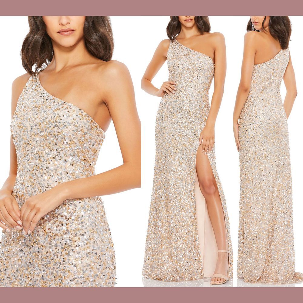 NEW $338 Mac Duggal [ 0 ] Sequin One Shoulder Gown 10729  Nude Gold‎ #S1145